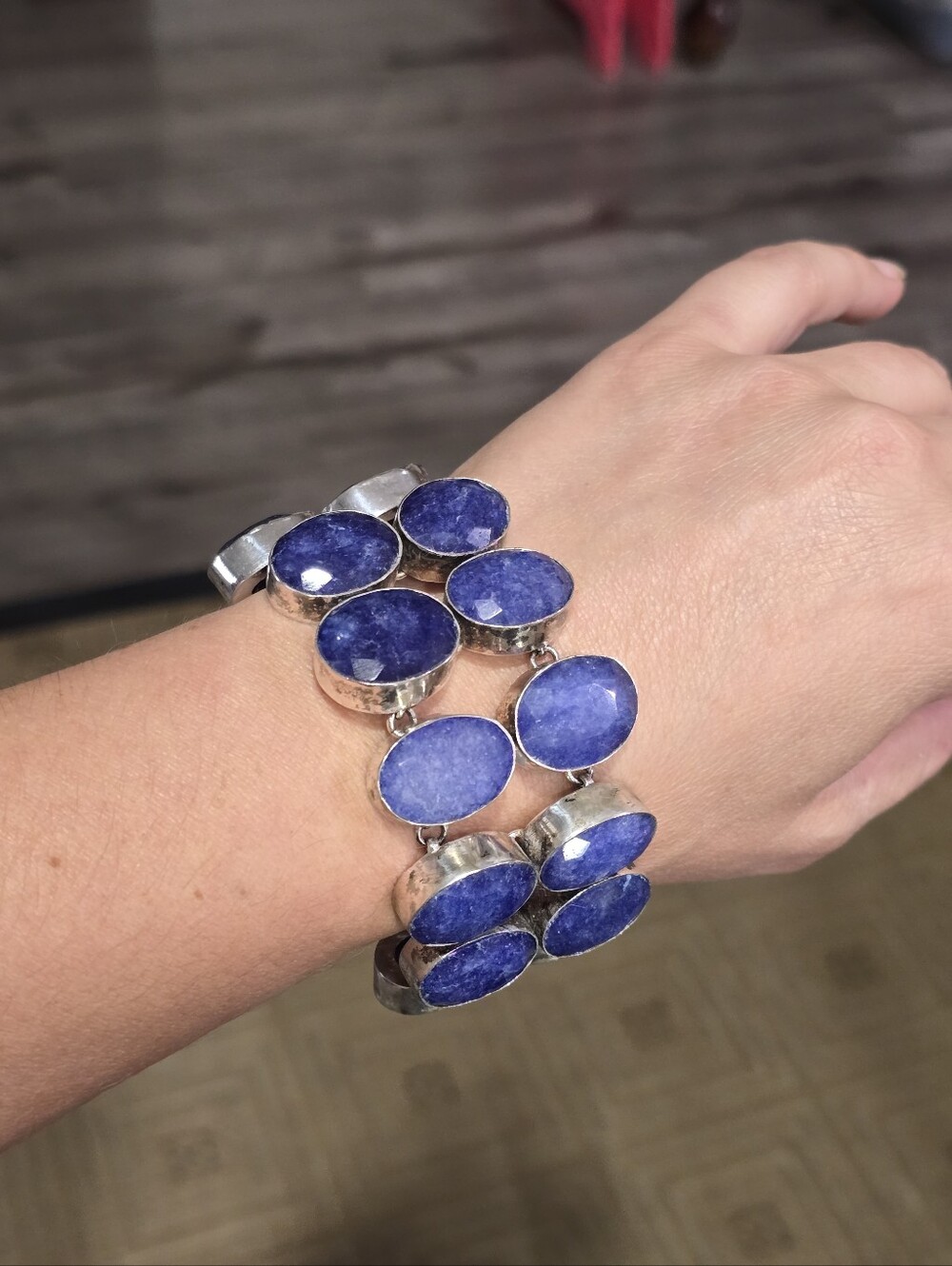 925 Sterling Silver Link Bracelet with Deep Blue Saphire Color Stones